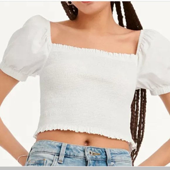 NWT DKNY White Smocked Puff Peasant Sleeve Top Cotton Large - Picture 5 of 11